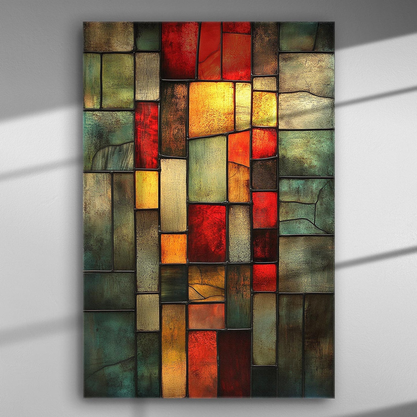 Abstract canvas print with vivid reds, oranges, and golds.