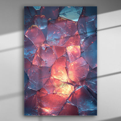 Close-up of abstract crystalline patterns with blue and pink colors illuminated by light.