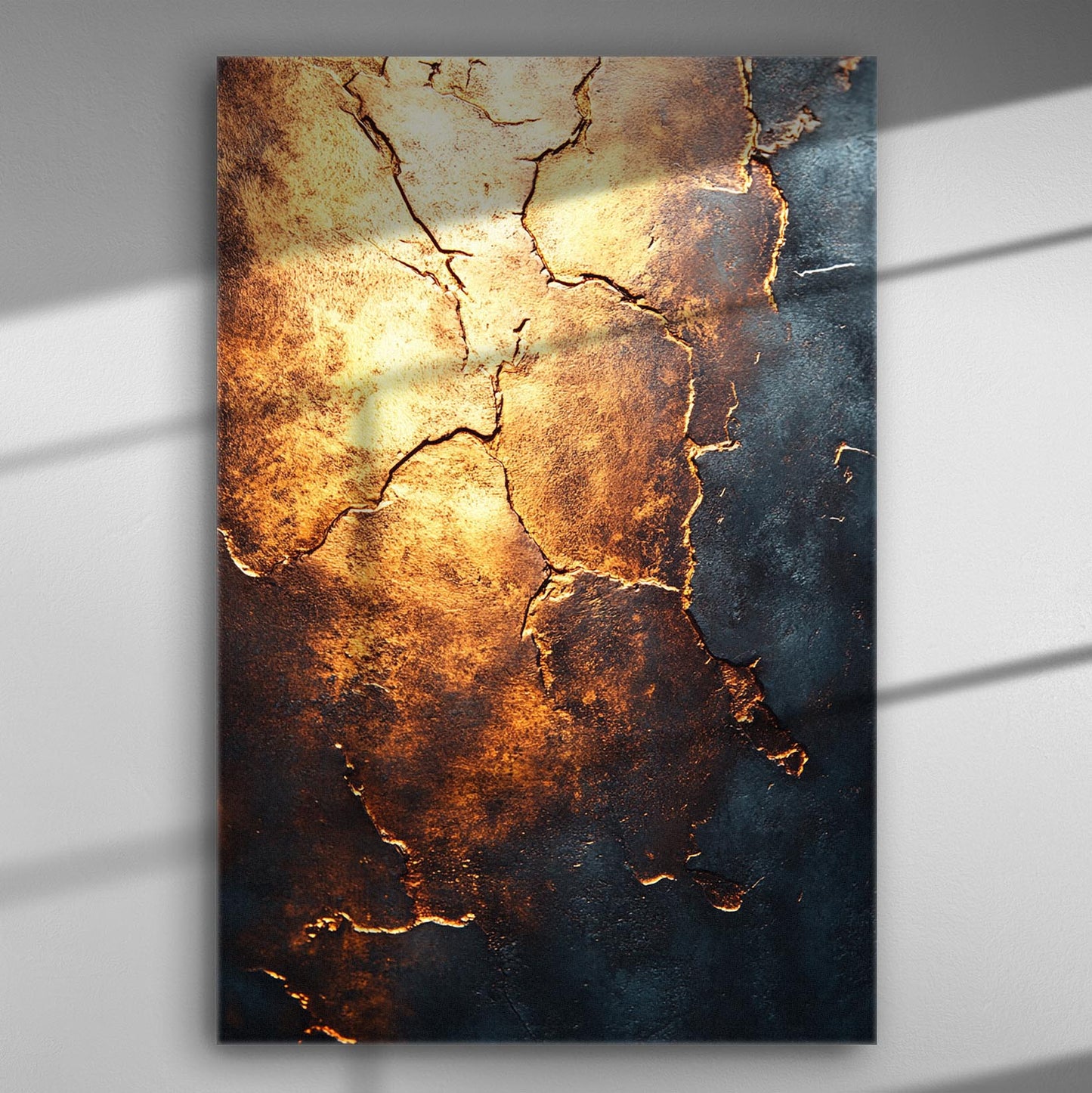 Golden cracks on a dark blue canvas creating a dramatic artistic piece.