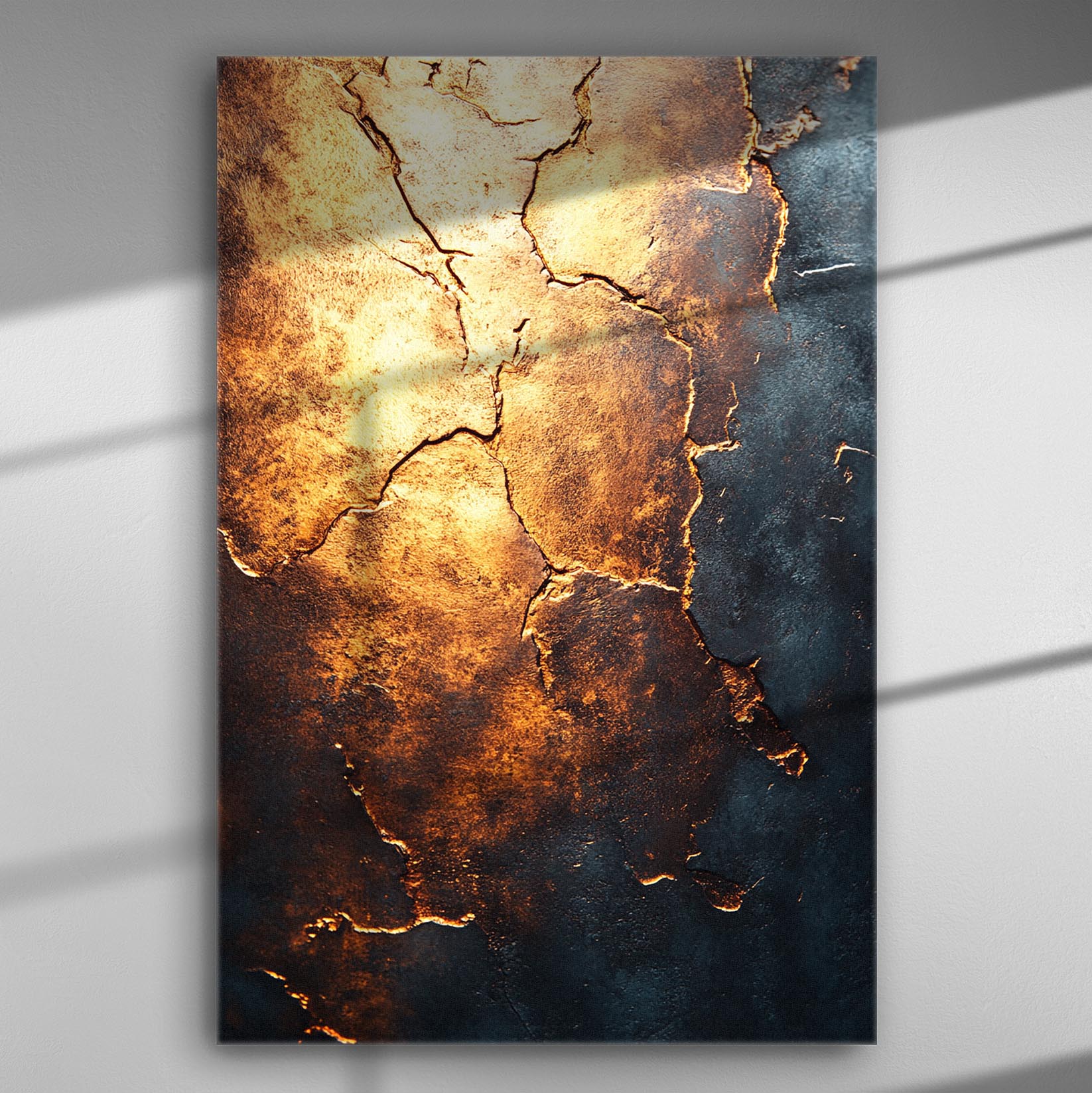 Golden cracks on a dark blue canvas creating a dramatic artistic piece.