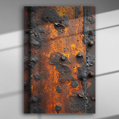 Close-up of rust on metal texture canvas print with shades of orange and brown.