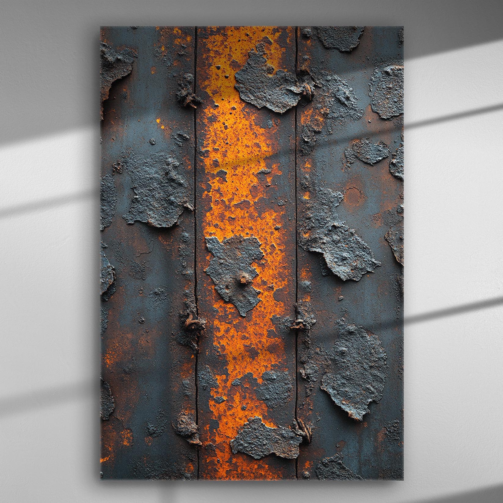 Industrial corrosion with orange rust on a metal surface canvas print.