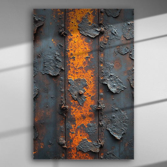 Industrial corrosion with orange rust on a metal surface canvas print.