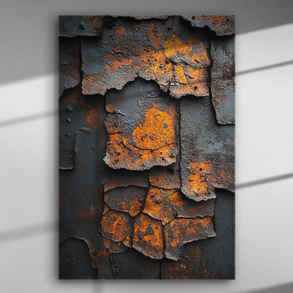 Abstract art depicting rust texture with orange and grey colors on a canvas print