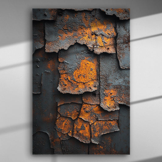 Abstract art depicting rust texture with orange and grey colors on a canvas print