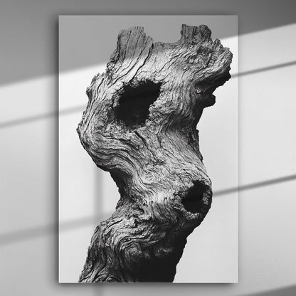 Black and white canvas print of a tree trunk with detailed textures and contrasts.