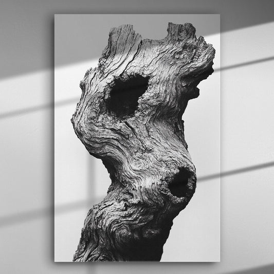 Black and white canvas print of a tree trunk with detailed textures and contrasts.