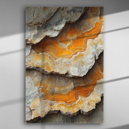 Close up of geological layers in orange and gray hues on canvas print.