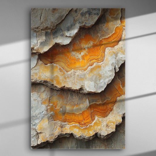 Close up of geological layers in orange and gray hues on canvas print.