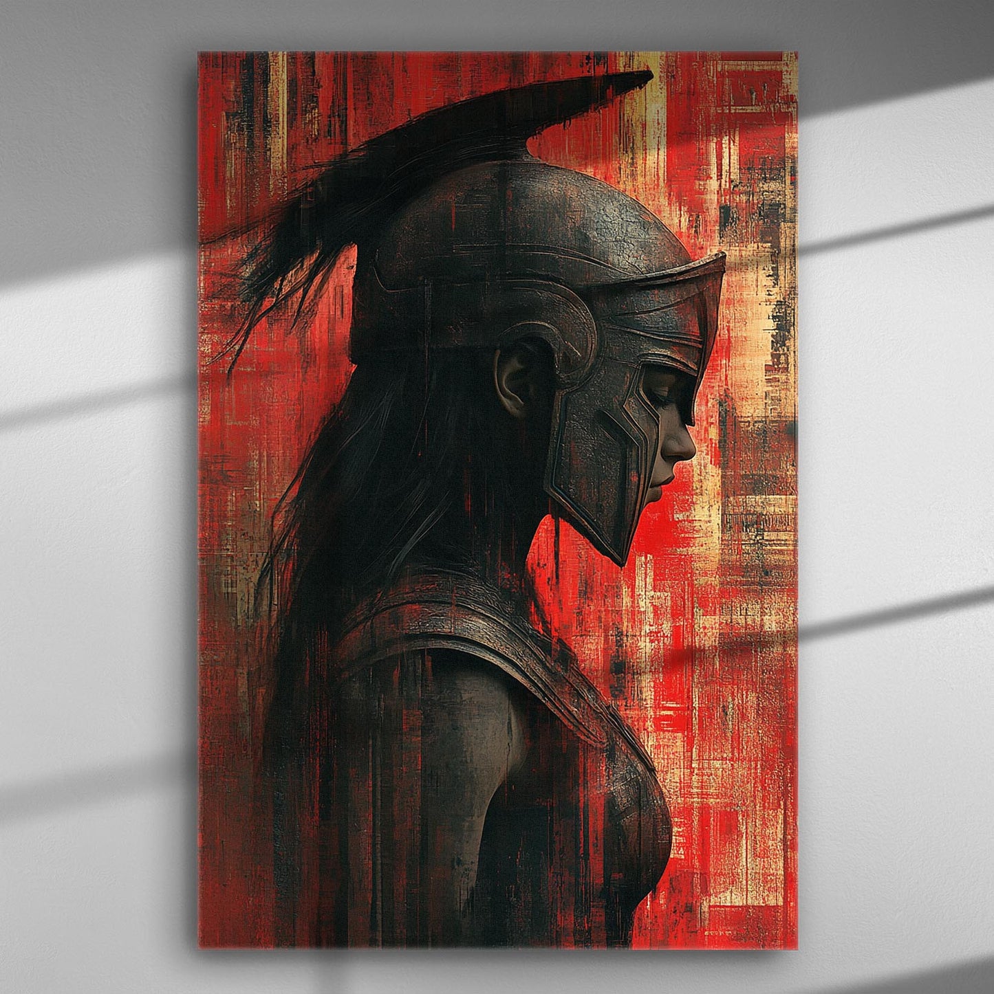 Canvas print of a female warrior silhouette with a red and black background