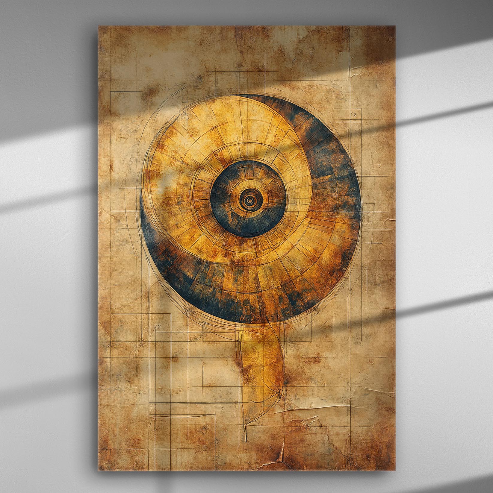 Canvas print featuring an architectural spiral design with amber and blue tones.