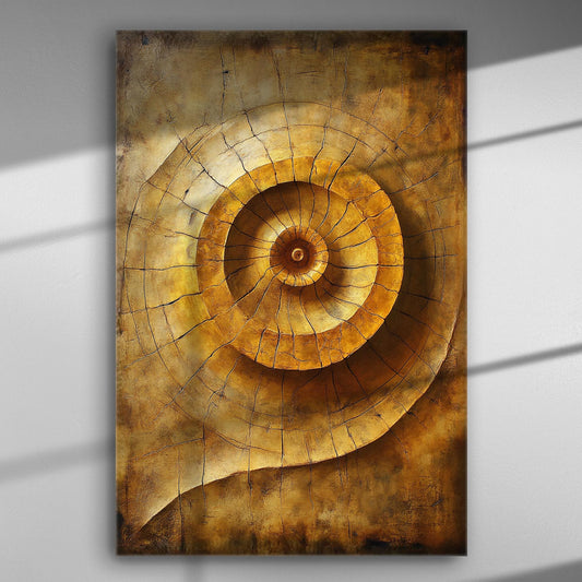 Abstract spiral pattern in warm golden tones on canvas for modern decor.