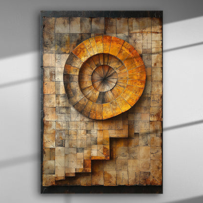 Geometric spiral canvas art in earthy tones of gold and brown.