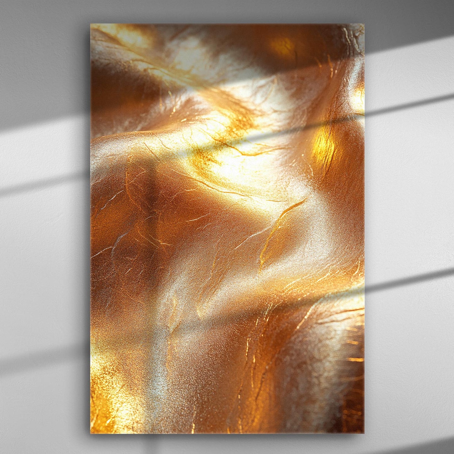 Golden abstract canvas print with flowing textures and glossy effects.