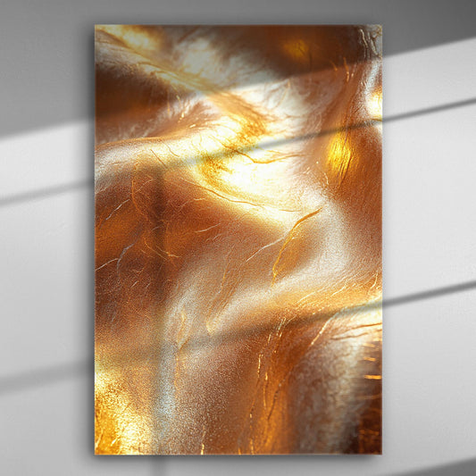 Golden abstract canvas print with flowing textures and glossy effects.