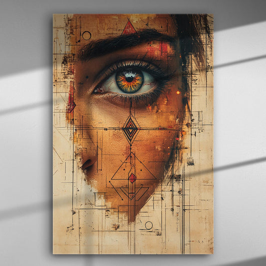 A captivating eye with geometric patterns on a canvas print, in earthy tones for artistic home decor.