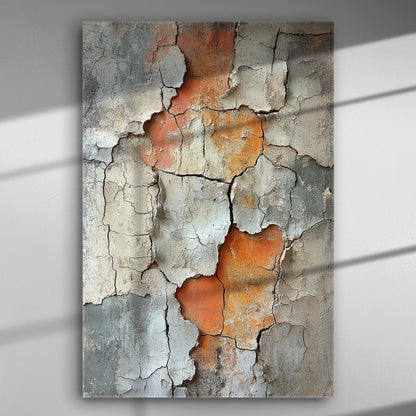 Close-up of a canvas print showing abstract peeling paint in gray and orange hues.