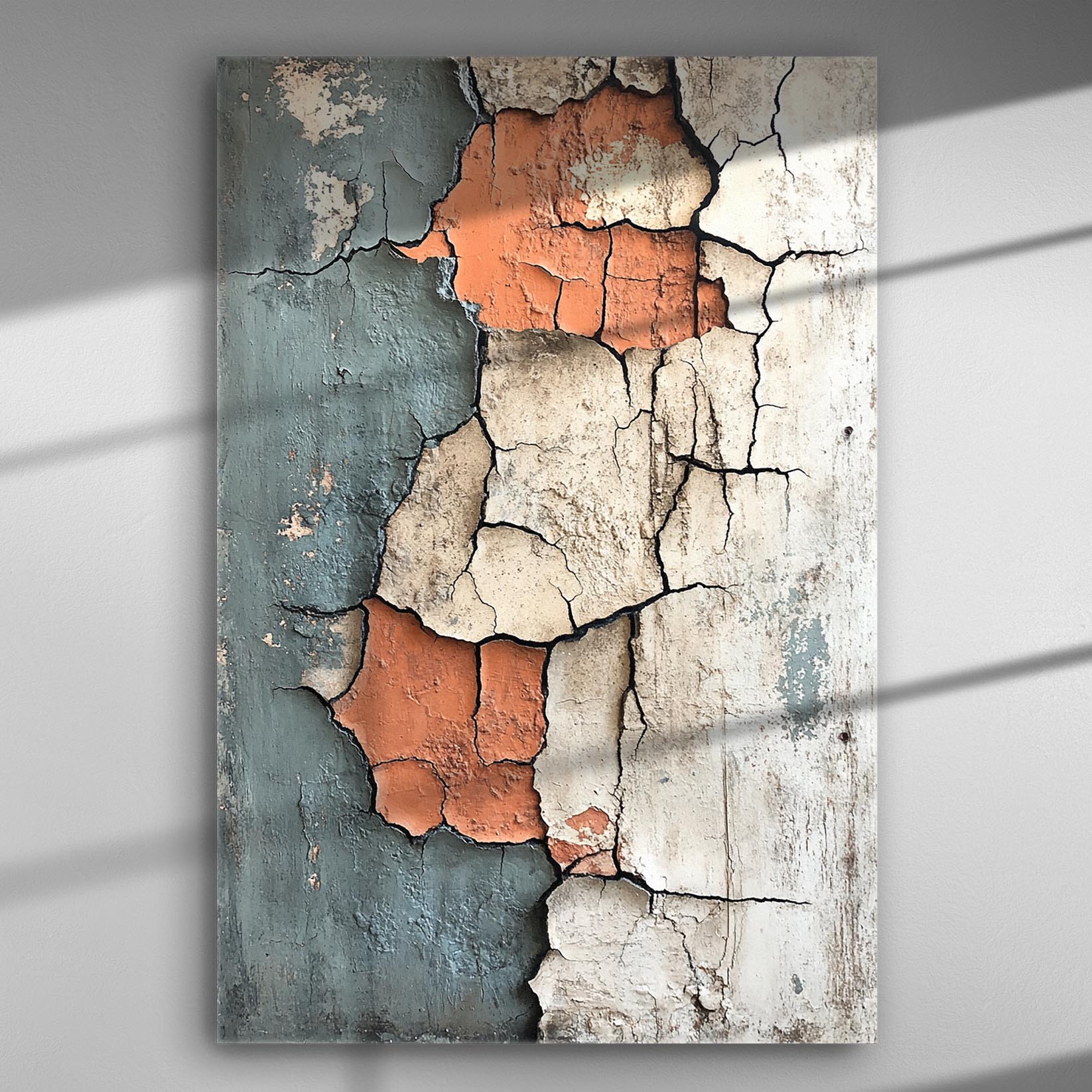Artwork of cracked wall texture in earth tones on canvas.