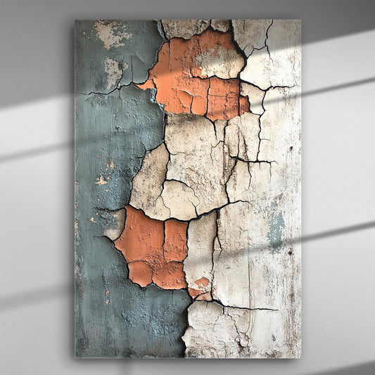 Artwork of cracked wall texture in earth tones on canvas.