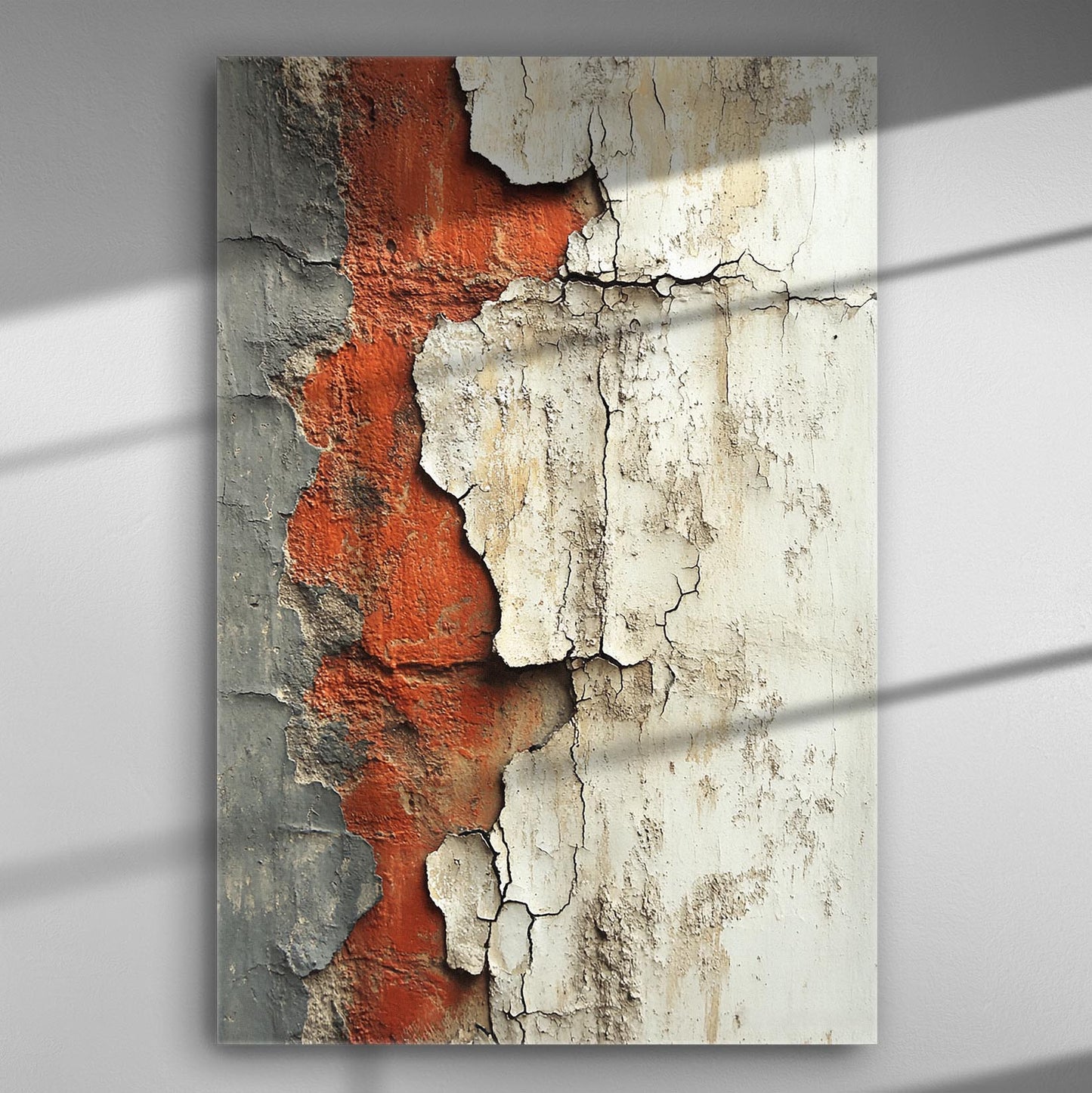 Close-up of a textured wall with peeling layers of orange and white paint, showcasing artistic contrasts.