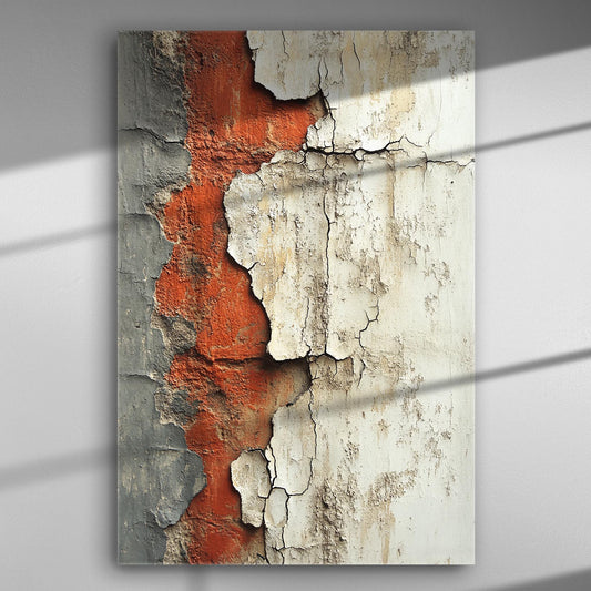 Close-up of a textured wall with peeling layers of orange and white paint, showcasing artistic contrasts.