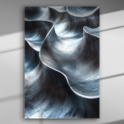 Abstract waves in shades of gray and blue on canvas.