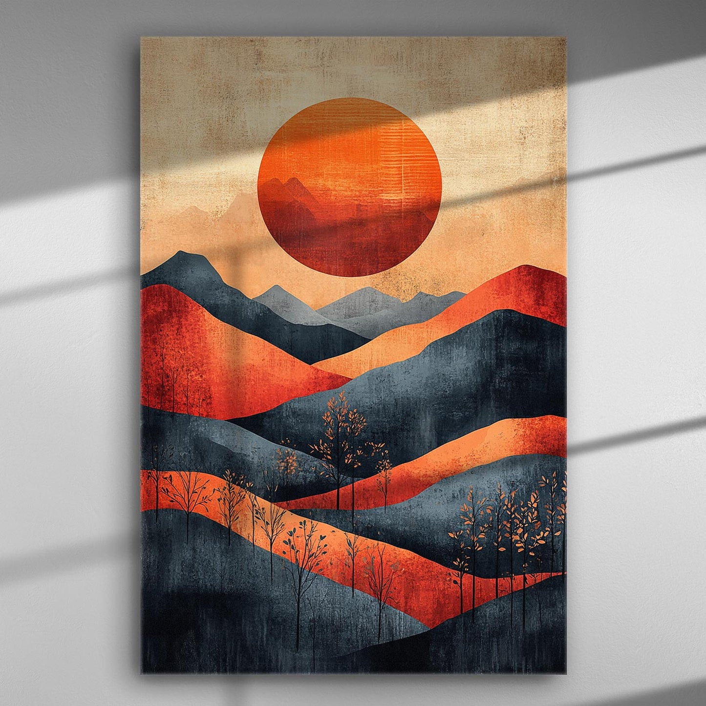 Canvas print depicting a stylized landscape with a large orange sun setting over distant mountains in shades of orange and blue.