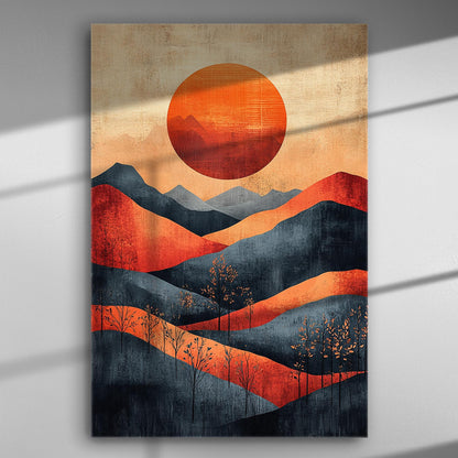 Canvas print depicting a stylized landscape with a large orange sun setting over distant mountains in shades of orange and blue.