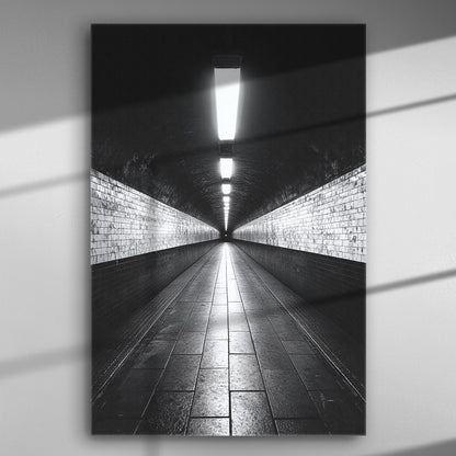 Black and white canvas print of a symmetrical tunnel with bright lights and tiled floor.