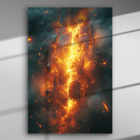Explosive fiery abstract art with orange and black colors on canvas.