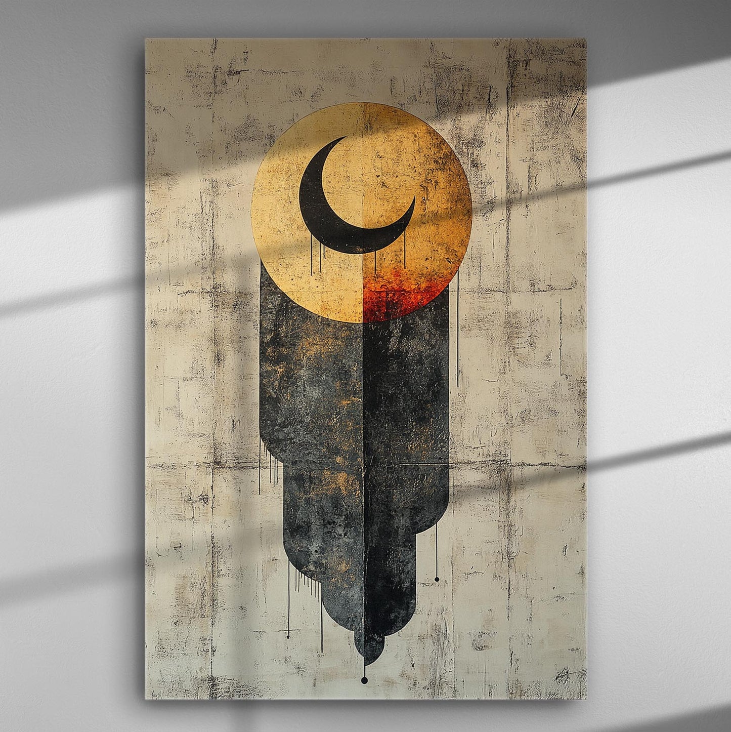 Abstract art canvas with crescent moon and geometric shadows.