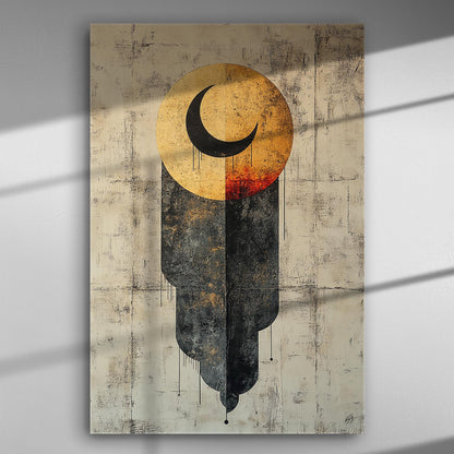 Abstract art canvas with crescent moon and geometric shadows.