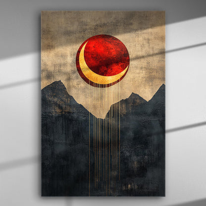 Abstract geometric sunset with red semicircle above mountains on canvas