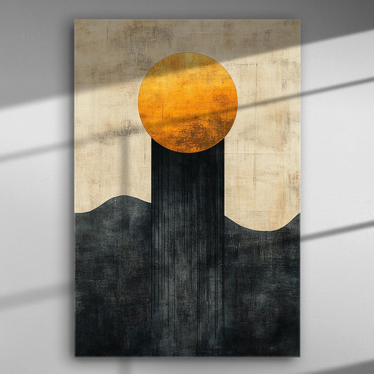 Abstract sunset with bold black and gold contrasts on a canvas print.