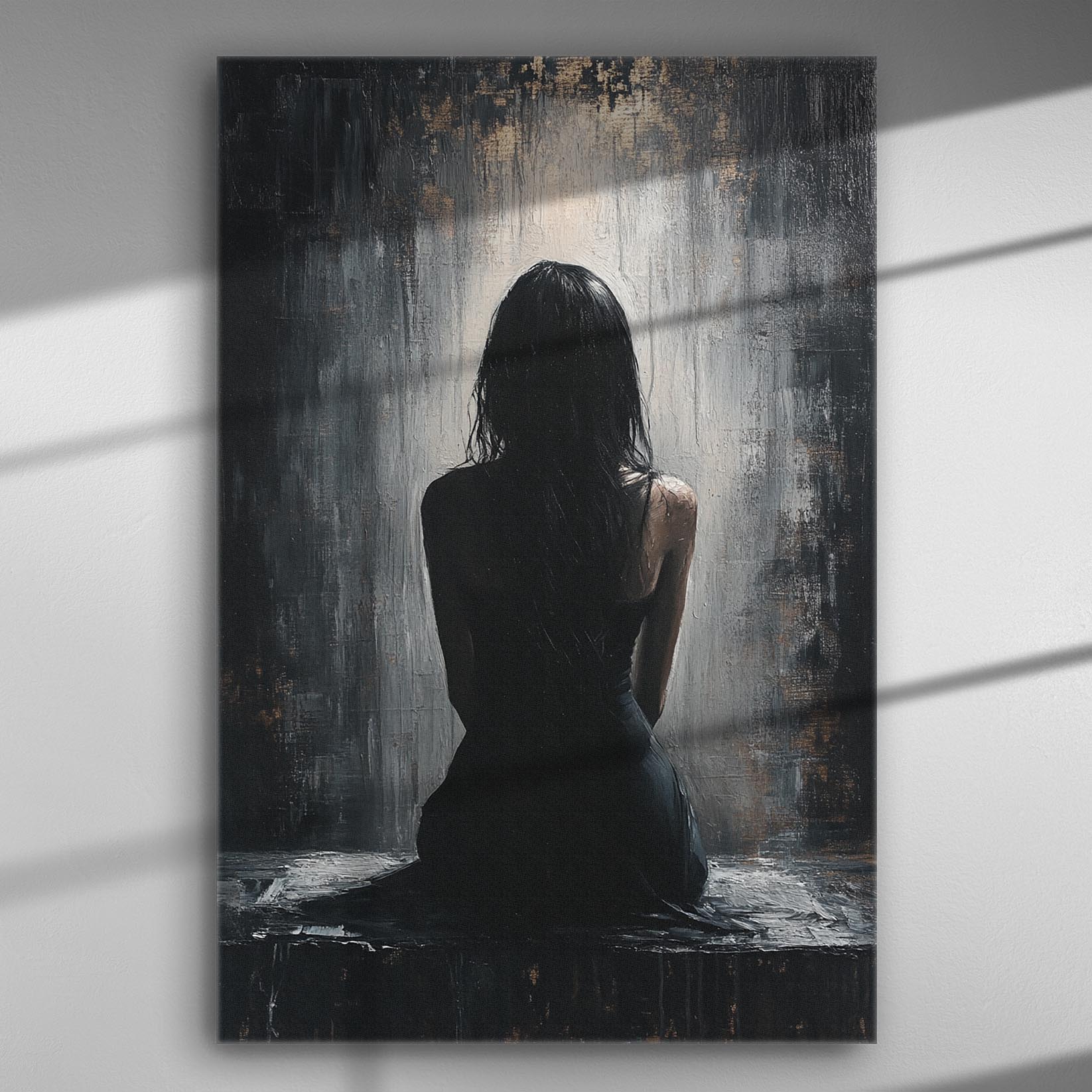 A dark and mysterious painting on canvas featuring the back of a seated woman in shadowy surroundings.
