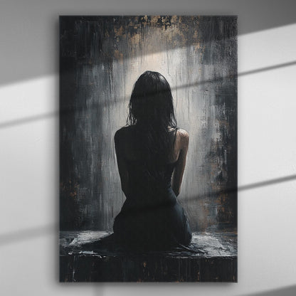 A dark and mysterious painting on canvas featuring the back of a seated woman in shadowy surroundings.
