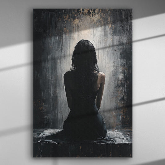 A dark and mysterious painting on canvas featuring the back of a seated woman in shadowy surroundings.