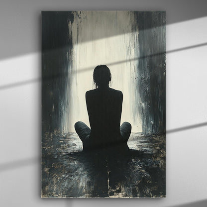 A silhouette of a person sitting in a dimly lit room with a bright light in the background, creating a striking contrast in black and white tones.