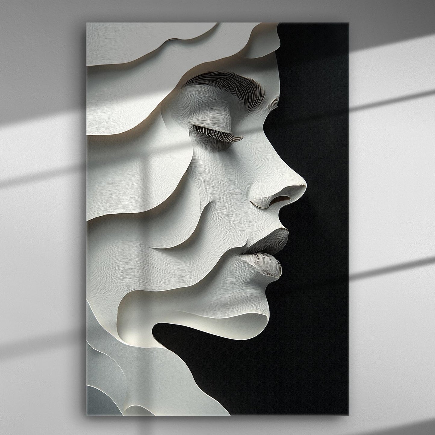 Abstract profile of a woman's face in shades of white and grey on canvas.