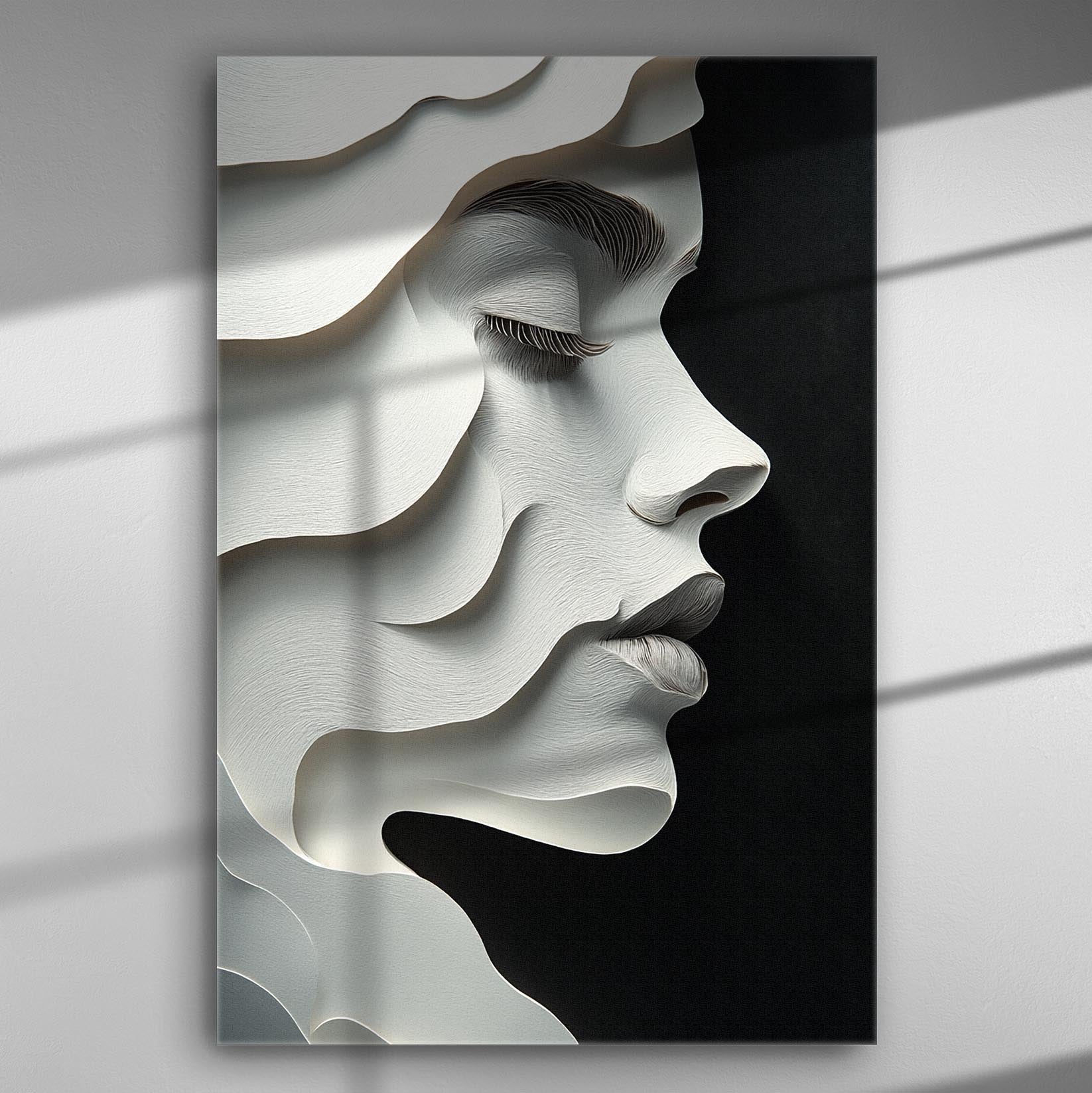 Abstract profile of a woman's face in shades of white and grey on canvas.