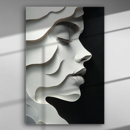 Abstract profile of a woman's face in shades of white and grey on canvas.