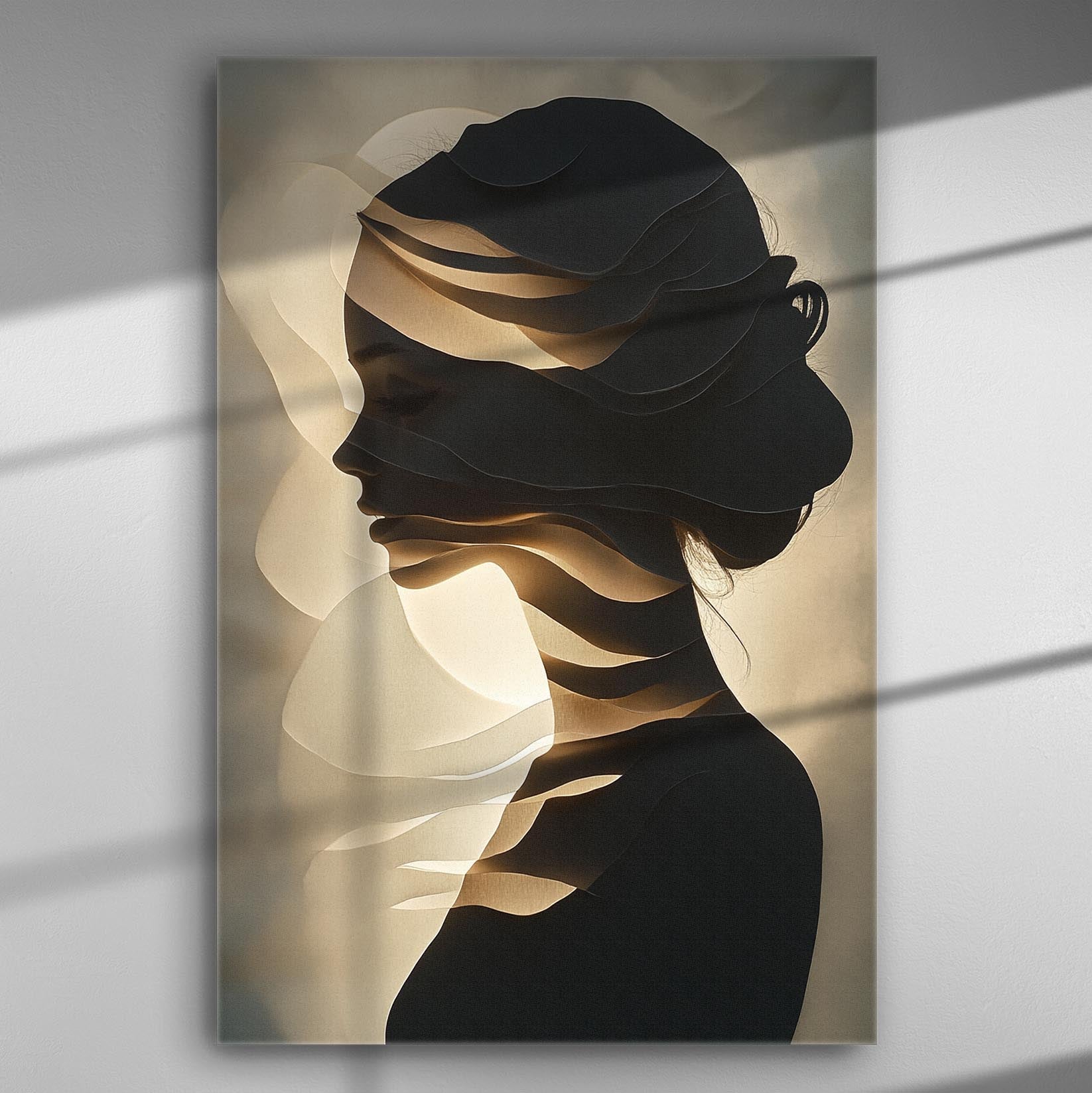 Silhouette of a woman through shadow and light on canvas.