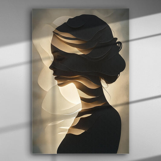 Silhouette of a woman through shadow and light on canvas.