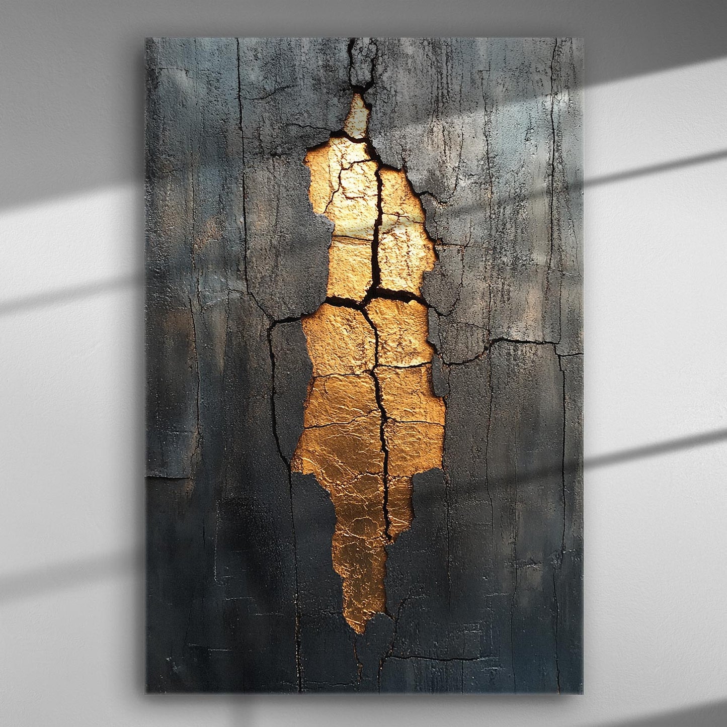 Abstract canvas art piece with a cracked surface revealing a golden interior.