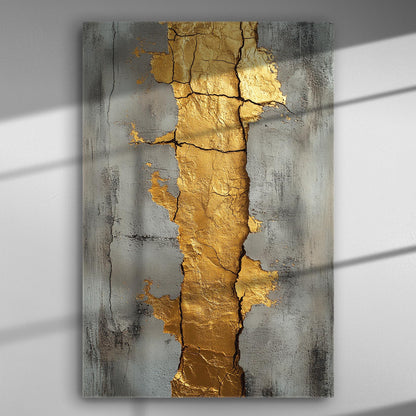 Abstract canvas art with gold cracks on a gray background.