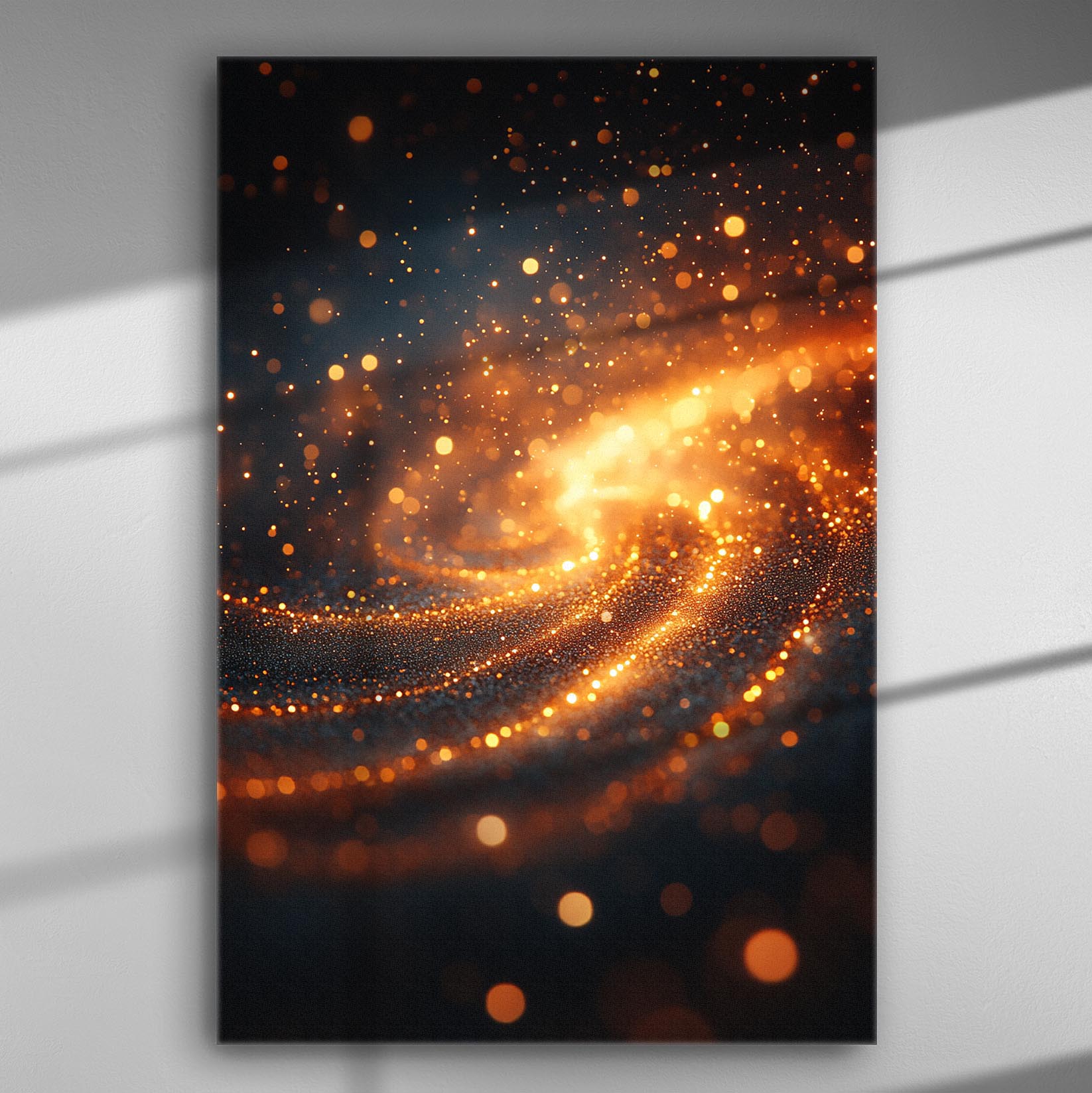 Canvas print featuring a swirling galaxy of golden and orange stars on a dark background.