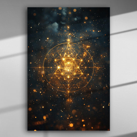 Geometric golden pattern on a dark cosmic background canvas print.