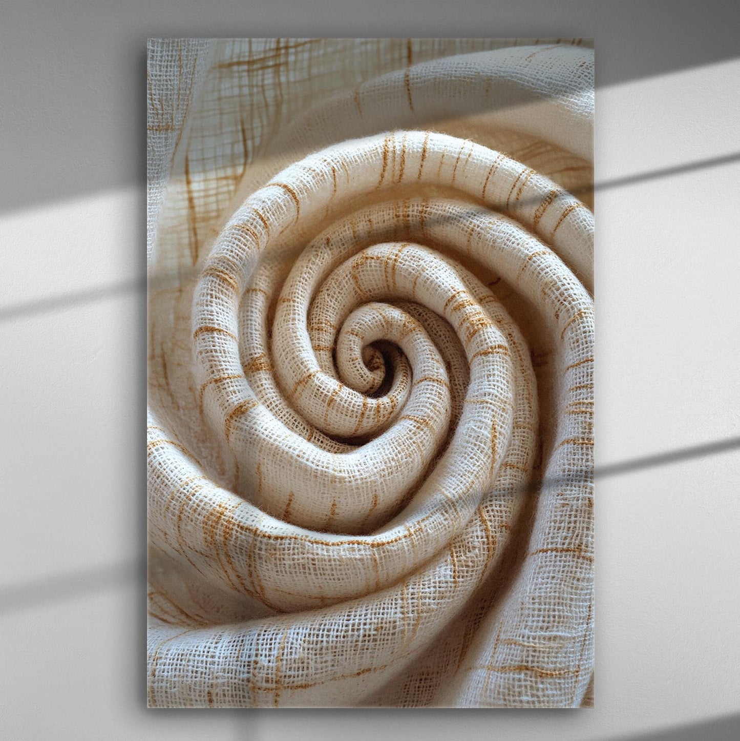 Close-up of textured spiral pattern in beige and white tones on canvas.