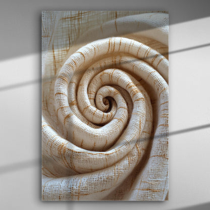 Close-up of textured spiral pattern in beige and white tones on canvas.