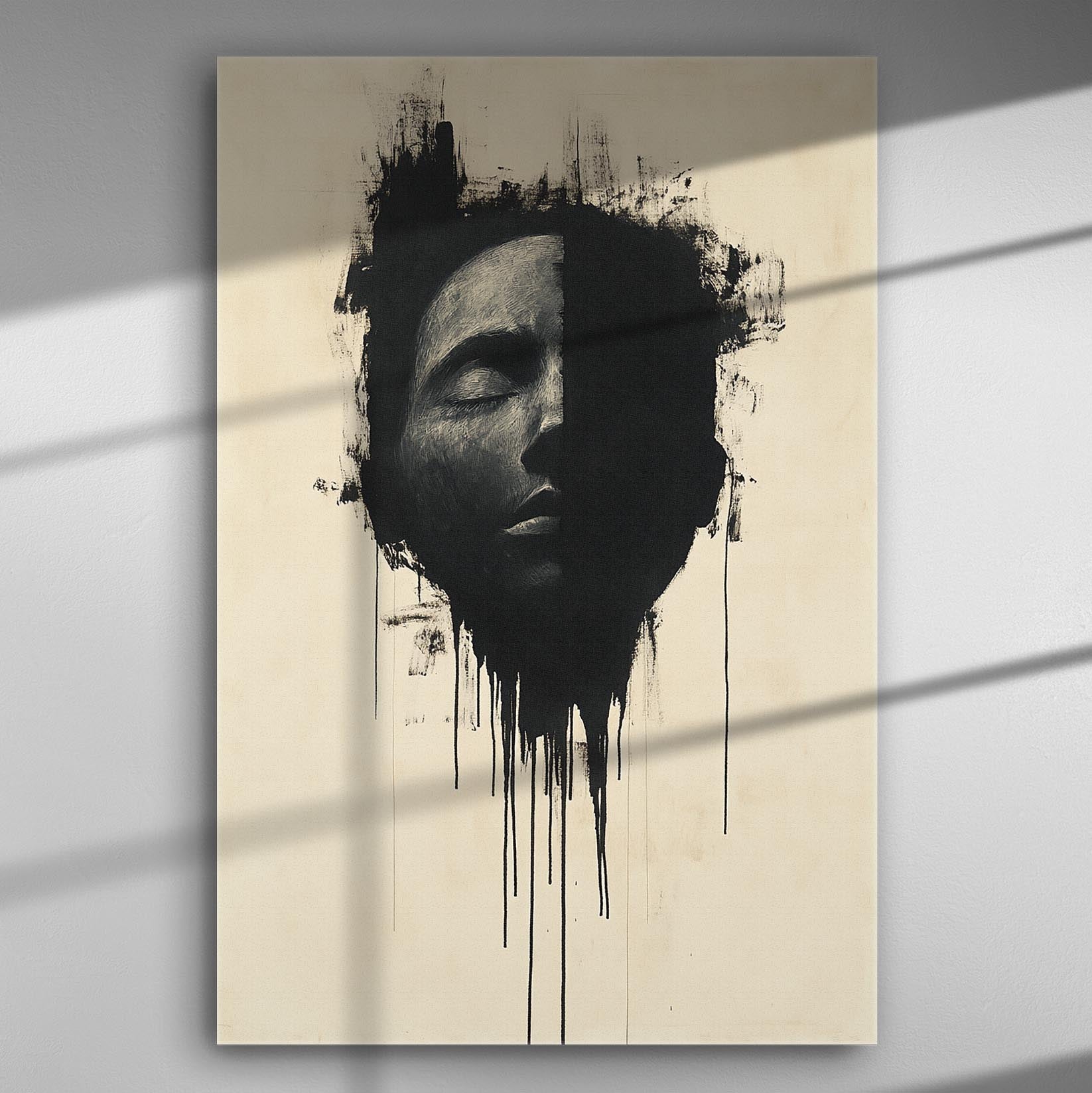 A dramatic black and white abstract artwork depicting a contemplative face in a dripping paint style.